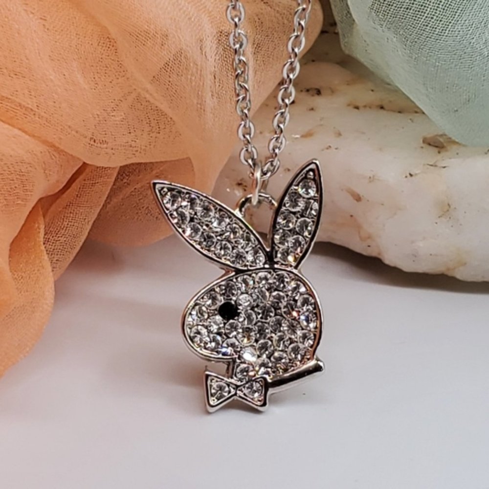 Crystal Bunny Pendant Necklace - Silver Rhinestone Accent